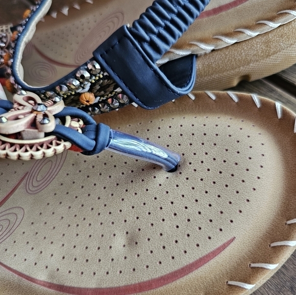 NWOT Aomigoct navy bohemian embellished elastic ankle flip flops sandals - Picture 10 of 12